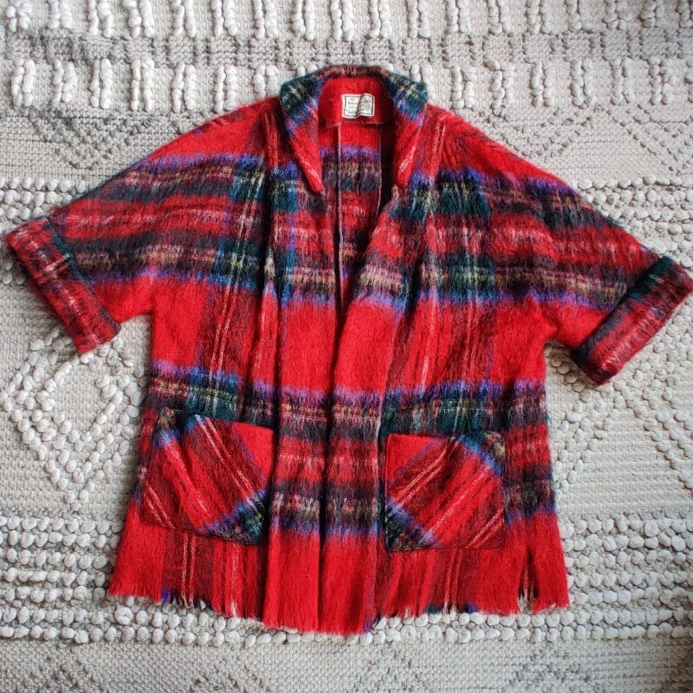 Vintage 1960s Andrew Stewart Mohair Open Cardigan In Scottish Plaid OS - Picture 2 of 5